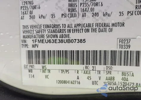 2008 Ford Explorer Xlt из США, поврежденный, VIN 1FMEU63E38UB07385